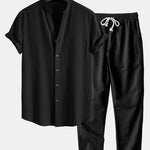 Crinkled Textured V Neck Shirt & Straight Leg Linen Pants