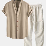 Crinkled Textured V Neck Shirt & Straight Leg Linen Pants