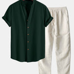 Crinkled Textured V Neck Shirt & Straight Leg Linen Pants