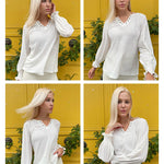Zeagoo Women Casual V Neck T-Shirts Ruffle Long Sleeve Shirt Eyelet Loose Blouses S-XXL