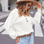 Zeagoo Women V Neck Sweater Lantern Sleeve Drop Shoulder Oversized Henley Knit Pullover Tops S-XXL