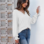 Zeagoo Women Casual V Neck T-Shirts Ruffle Long Sleeve Shirt Eyelet Loose Blouses S-XXL