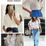 Zeagoo Women Satin Shirt V-Neck Short Sleeve Button Down Shirt Casual Loose Office Silk Tops  (Us Only)