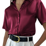 Zeagoo Women Satin Shirt V-Neck Short Sleeve Button Down Shirt Casual Loose Office Silk Tops  (Us Only)
