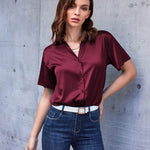 Zeagoo Women Satin Shirt V-Neck Short Sleeve Button Down Shirt Casual Loose Office Silk Tops  (Us Only)