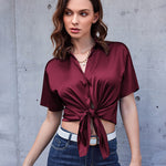 Zeagoo Women Satin Shirt V-Neck Short Sleeve Button Down Shirt Casual Loose Office Silk Tops  (Us Only)