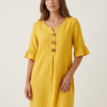 Vanesa - Vestido con Textura de Lino con Manga Abullonada y Botones