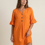 Vanesa - Vestido con Textura de Lino con Manga Abullonada y Botones