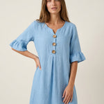 Vanesa - Vestido con Textura de Lino con Manga Abullonada y Botones