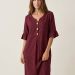 Vanesa - Vestido con Textura de Lino con Manga Abullonada y Botones