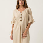 Vanesa - Vestido con Textura de Lino con Manga Abullonada y Botones