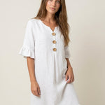 Vanesa - Vestido con Textura de Lino con Manga Abullonada y Botones