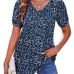 Zeagoo Puff Short Sleeve Boho V Neck Floral Blouse