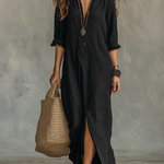 Soline™ | Oversized Black Maxi Dress with Buttons
