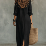 Soline™ | Oversized Black Maxi Dress with Buttons