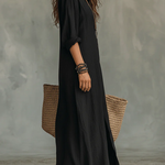 Soline™ | Oversized Black Maxi Dress with Buttons