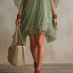 Green Chiffon V-neck Layered Flowy Mini Dress