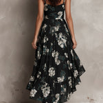 Black Bohemian Floral Print Irregular Strapless Maxi Dress