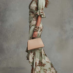 Green Floral Ruffled Bell Sleeve V-neck Satin Asymmetrical Maxi Dress