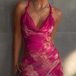 Fuchsia Floral Print Sleeveless Ruched Side Split Bodycon Dress