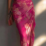 Fuchsia Floral Print Sleeveless Ruched Side Split Bodycon Dress