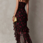 Chic Black And Red Floral Ruched Ruffle Hem Dress
