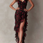 Chic Black And Red Floral Ruched Ruffle Hem Dress
