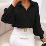 Zeagoo V Neck Crinkle Crepe Lantern Sleeves Shirt Top Button-Down Loose Blouse