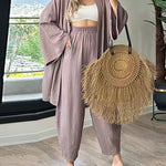Zeagoo Women's Casual Comfort Set Loose Cardigan Top & High-Waist Wide-Leg Pants with Pockets