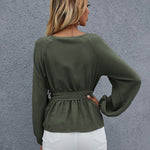 Zeagoo V Neck Leisure Long Lantern Sleeve Belt Solid Shirt Tops