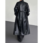 Double Breasted Belted PU Leather Long Trench Coat