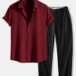 Muscle Fit Ribbed Button Up Shirt & Elastic Waist Straight Leg Trousers