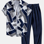 Color Block Geometry Print Button Up Shirt & Straight Leg Ribbed Pants