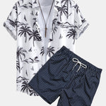 Palm Tree Island Print Button Up Shirt & Striped Print Swim Shorts