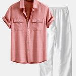 Textured Button Up Shirt With Two Pockets & Straight Leg Linen Pants