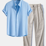 Muscle Fit Ribbed Stand Collar Shirt & Elastic Waist Straight Leg Trousers