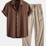 Geometry Rhombus Jacquard Button Up Shirt & Crinkle Textured Straight Leg Pants