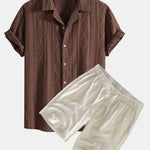 Geometric Jacquard Eyelet Cuban Shirt & Linen Drawstring Shorts