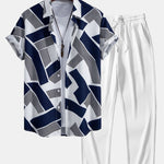 Color Block Geometry Print Button Up Shirt & Straight Leg Ribbed Pants