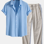 Muscle Fit Ribbed Button Up Shirt & Elastic Waist Straight Leg Trousers