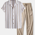 Striped Mesh Cuban Shirt & Wrinkle Textured Straight Leg Pants