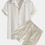 Geometric Jacquard Eyelet Cuban Shirt & Linen Drawstring Shorts