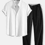 Muscle Fit Ribbed Stand Collar Shirt & Elastic Waist Straight Leg Trousers