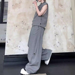 Solid Color Collar Contrasting Vest Casual Wide-leg Trousers Two-piece Suit