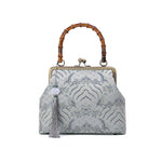 Buddha Stones Silver Lines Bamboo Handle Metal Chain Crossbody Bag Handbags