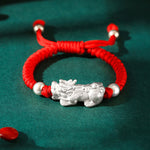 Buddha Stones 999 Sterling Silver PiXiu Wealth King Kong Knot String Braided Kids Child Bracelet