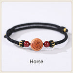 Buddha Stones Natural Peach Wood Chinese Zodiac Fu Character Carved Cinnabar Wealth Bracelet