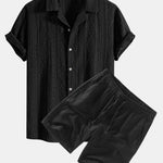 Geometric Jacquard Eyelet Cuban Shirt & Linen Drawstring Shorts