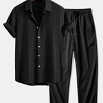 Geometry Rhombus Jacquard Button Up Shirt & Crinkle Textured Straight Leg Pants