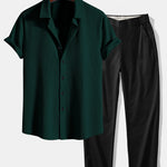 Muscle Fit Ribbed Button Up Shirt & Elastic Waist Straight Leg Trousers